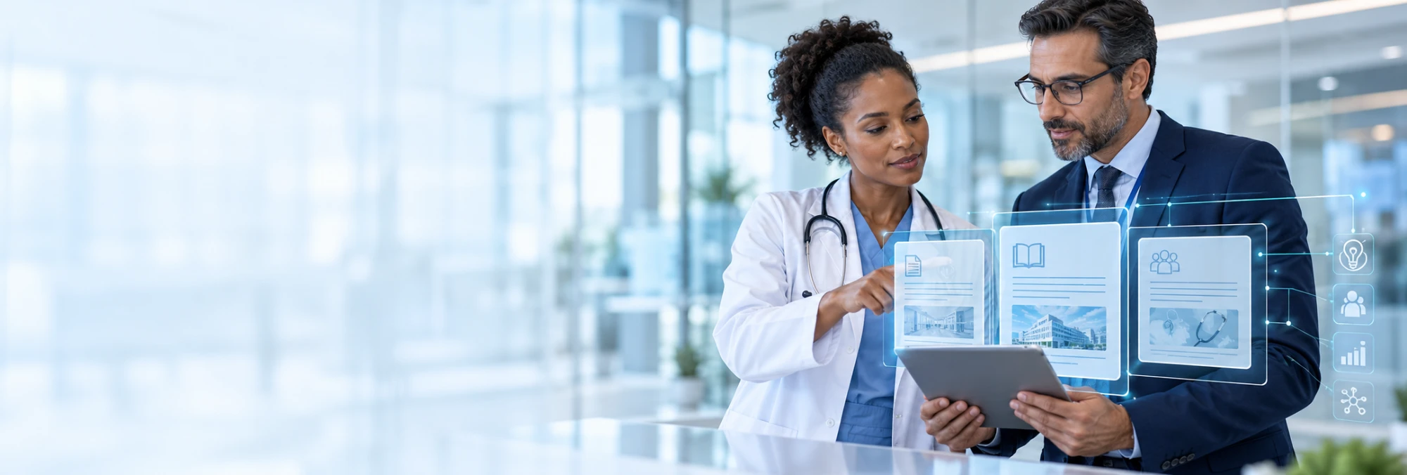 Médica e executivo com documentos digitais em um tablet