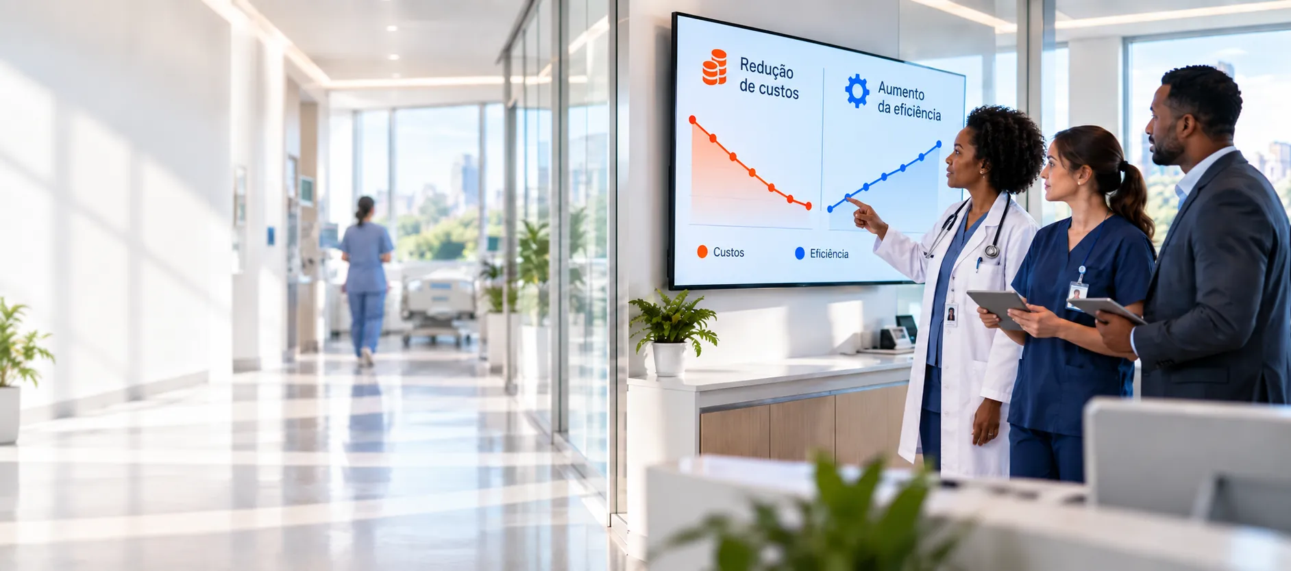 Equipe de saúde analisando painel de redução de custos e aumento de eficiência